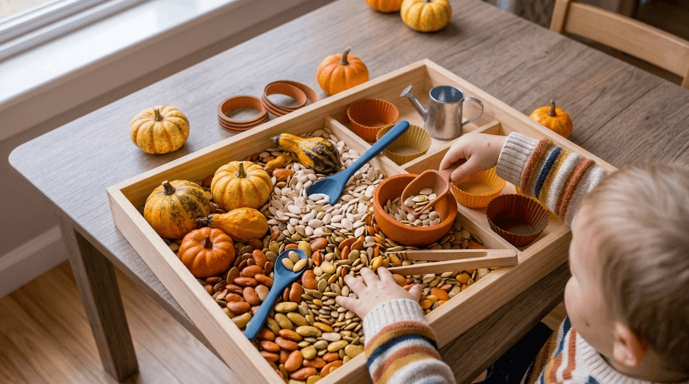 Toddler pumpkin sensory activity with seeds and craft materials