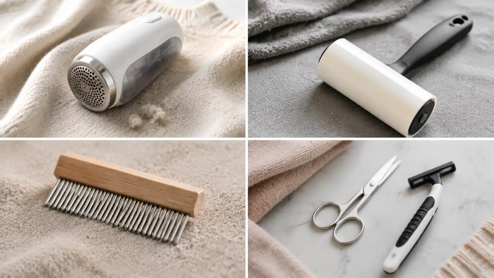 Fabric care tools including a shaver, lint roller, comb, razor, and scissors for removing pilling from clothes