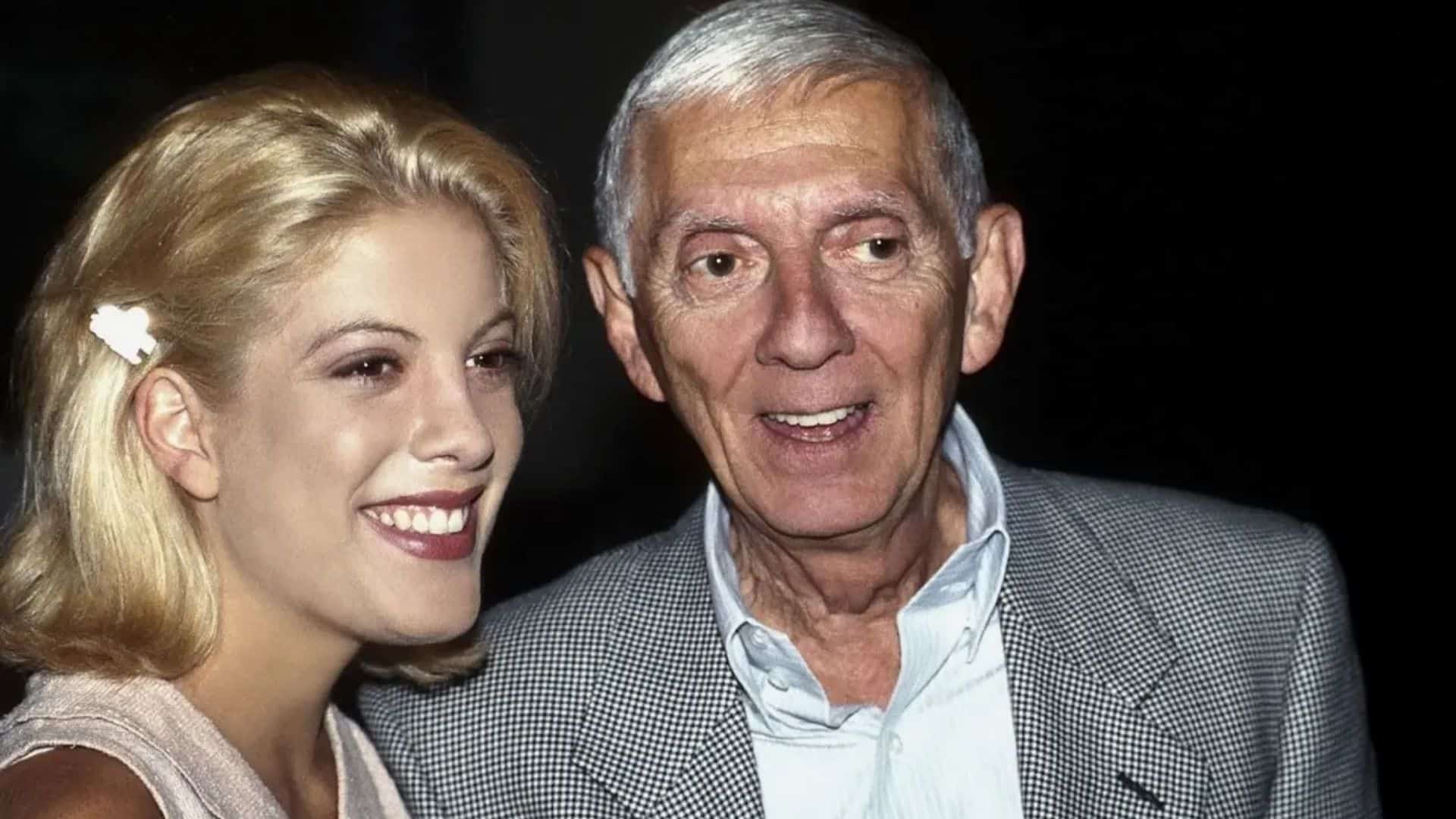 Tori Spelling with her father Aaron Spelling in a vintage family photo