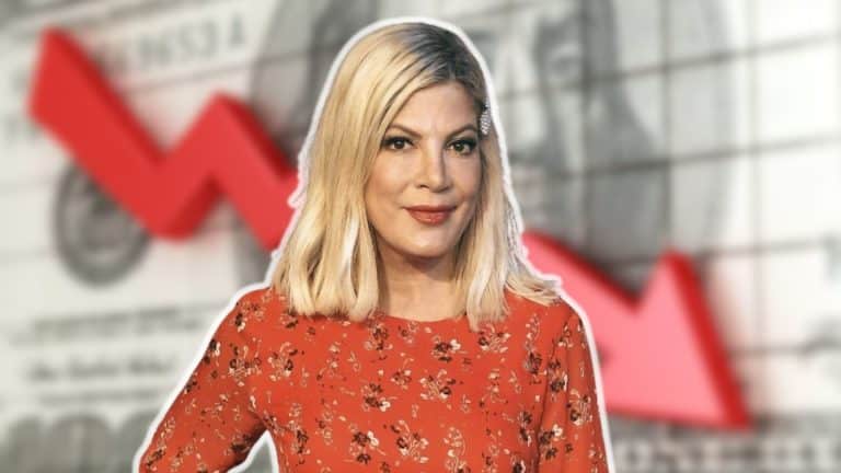Tori Spelling portrait with declining financial chart graphic for net worth article