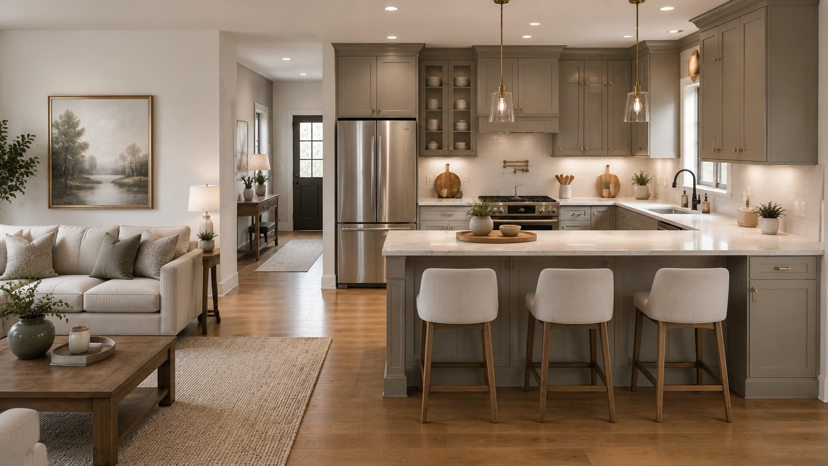 Transitional open kitchen in warm gray or greige finish.