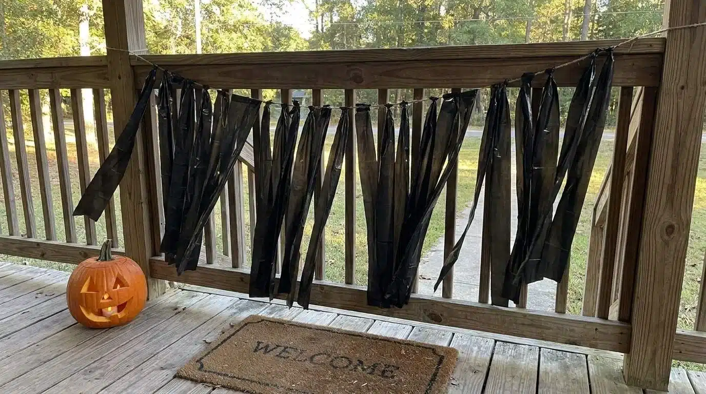 Black trash bag strip curtain on a porch railing