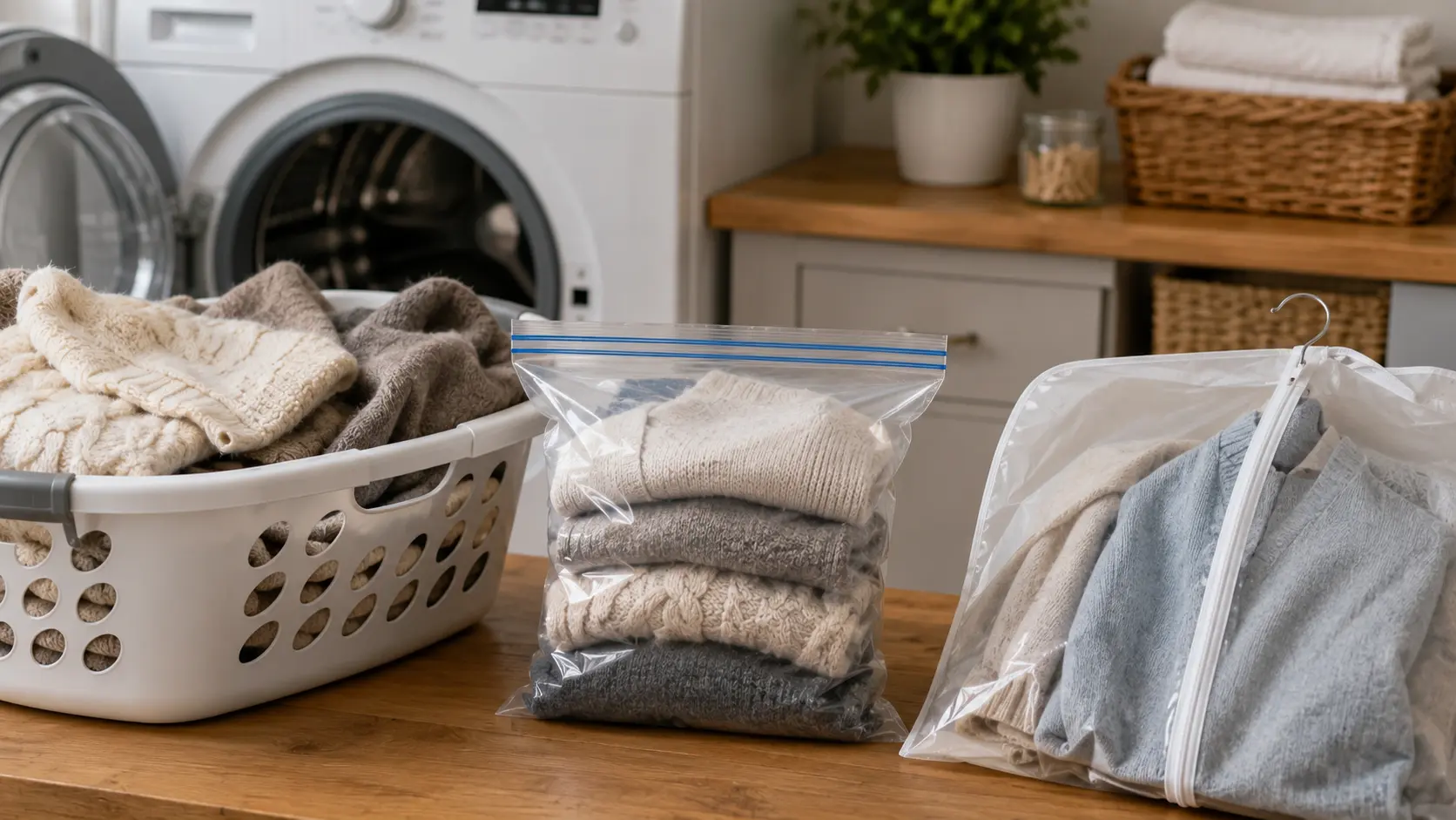 Sweaters and delicate clothing sealed in plastic bags beside a laundry basket and washing machine for moth treatment