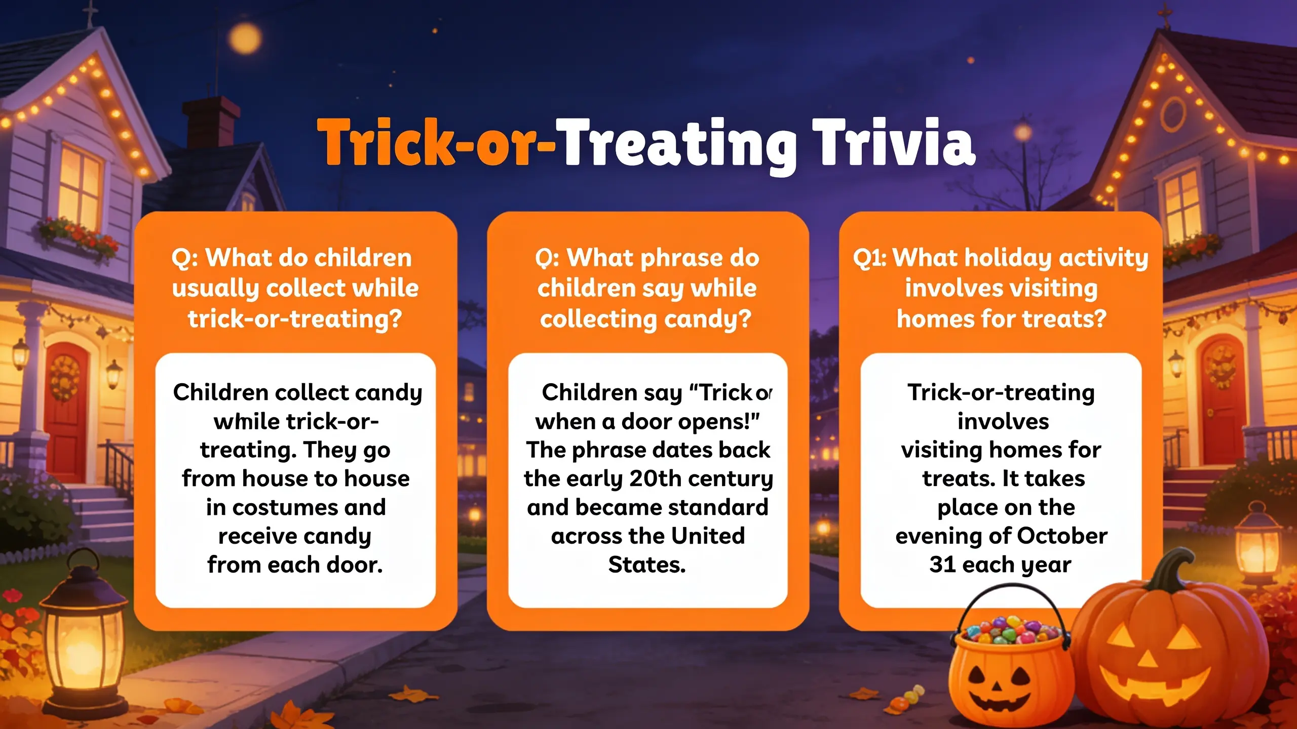 Trick-or-treating trivia infographic with Halloween questions about candy collecting and holiday traditions