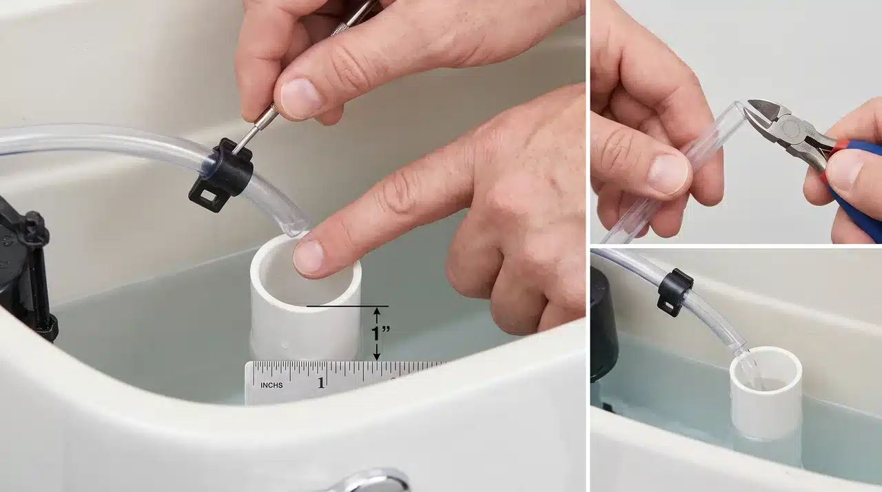 Trimming and positioning a toilet refill tube above the overflow pipe.