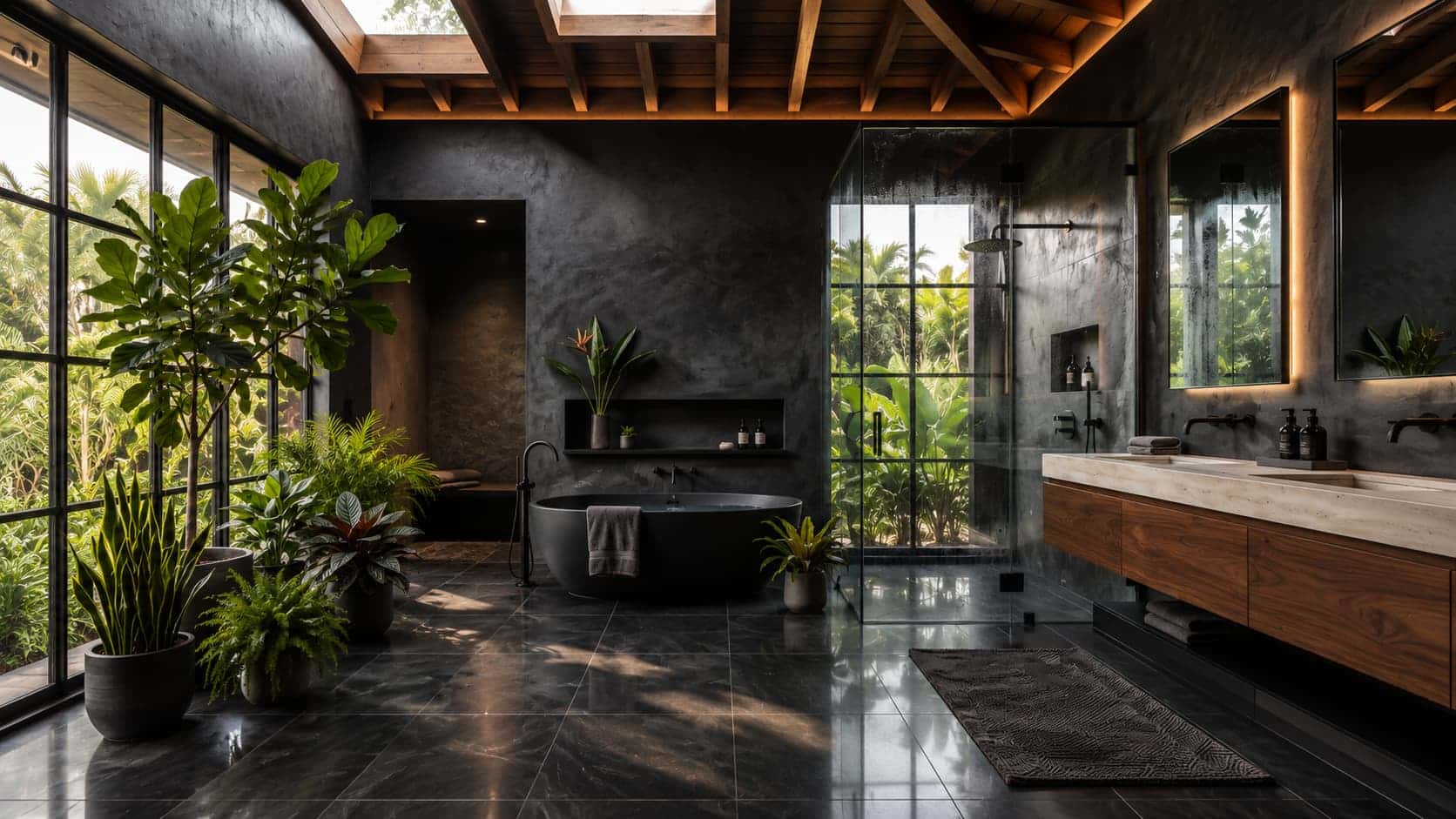 tropical nior style dark bathroom with dark walls and indoor plants working together perfectly.