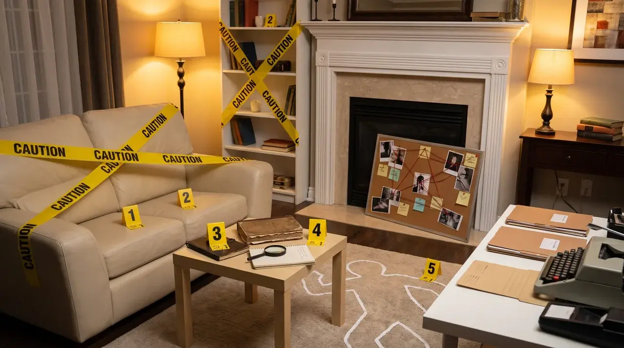 True crime scene Halloween themes with detective props, clue boards, and mystery party decorations.