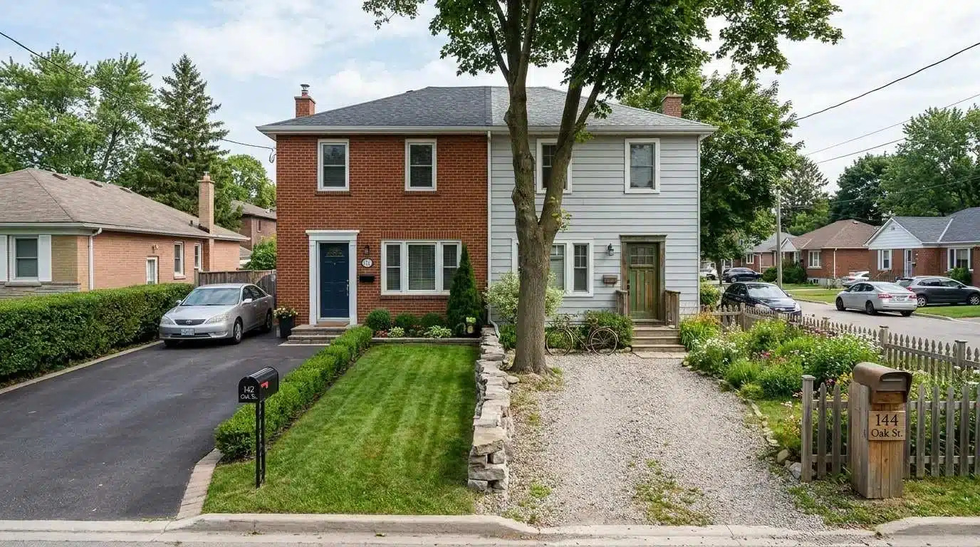 Twin home with two separate houses sharing one wall and separate lots.