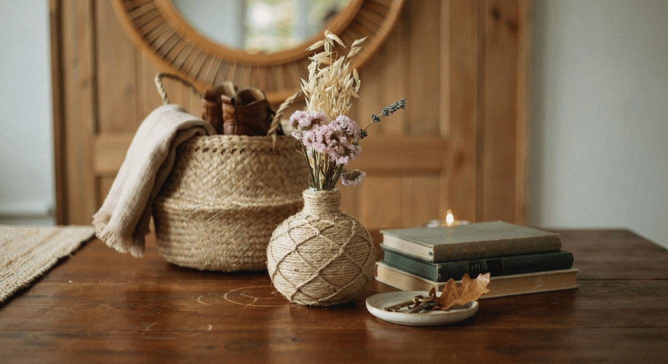 Twine-wrapped gourd vase with dried flowers on entryway table
