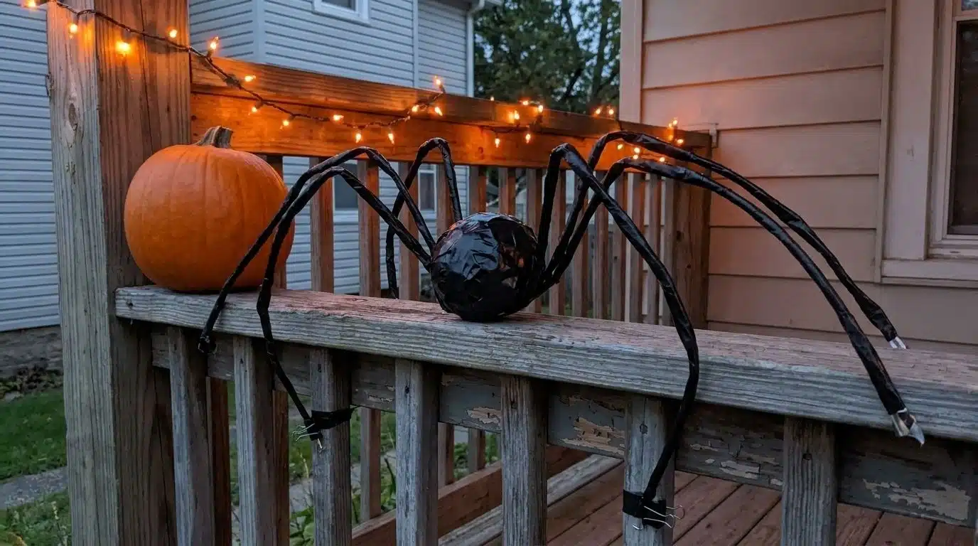 Wire spider legs clipped over a porch railing