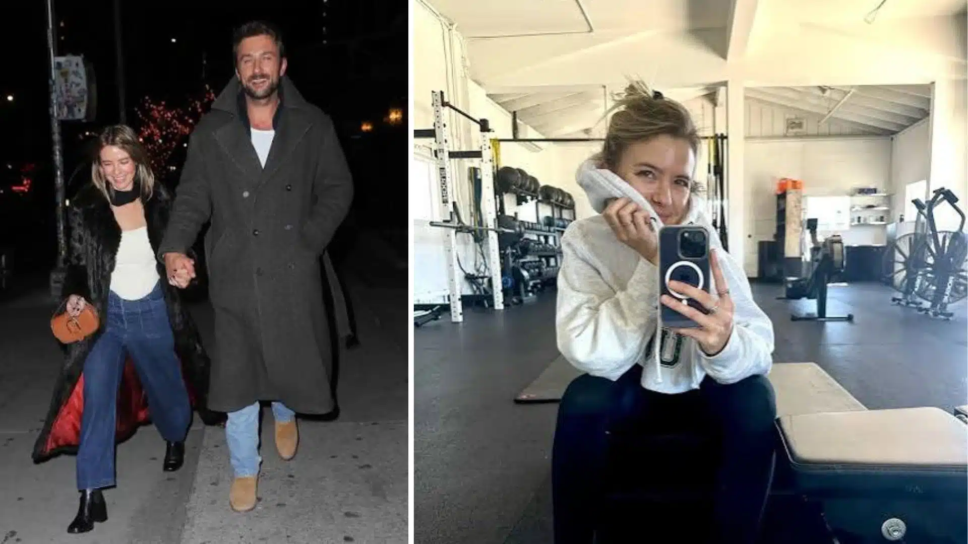 Two-panel collage of Brandon Sklenar and Courtney Salviolo holding hands outdoors and Courtney taking a selfie in a gym.
