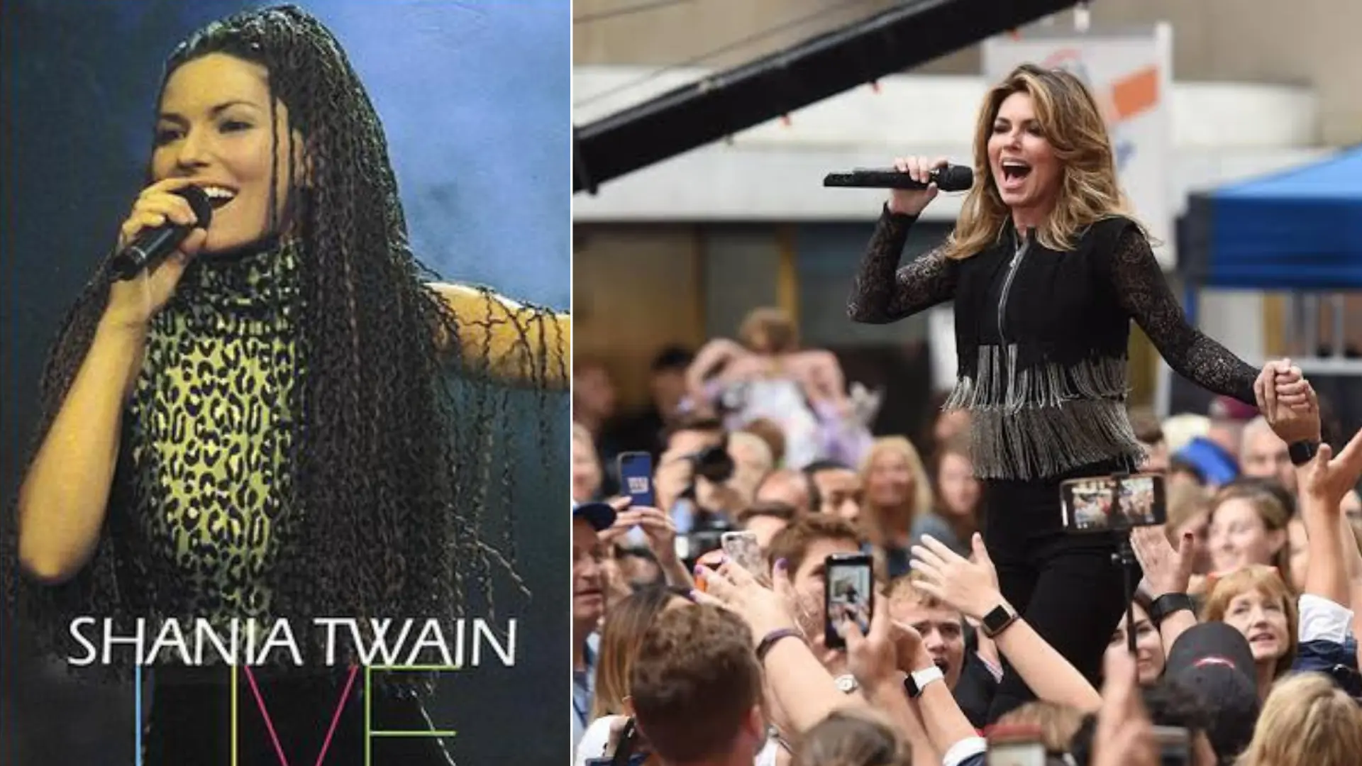Two-panel collage of Shania Twain singing live during her music performances.