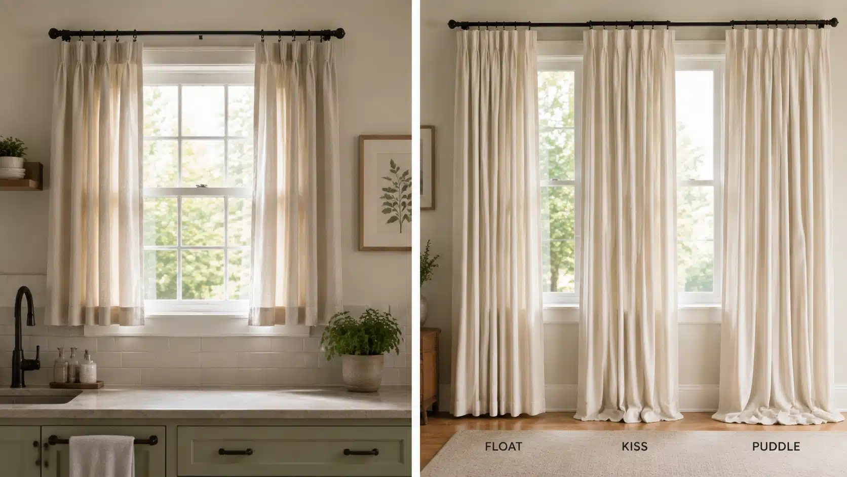 Two-panel image showing sill-length curtains for small windows and floor-length curtains with float, kiss, and puddle finishes.