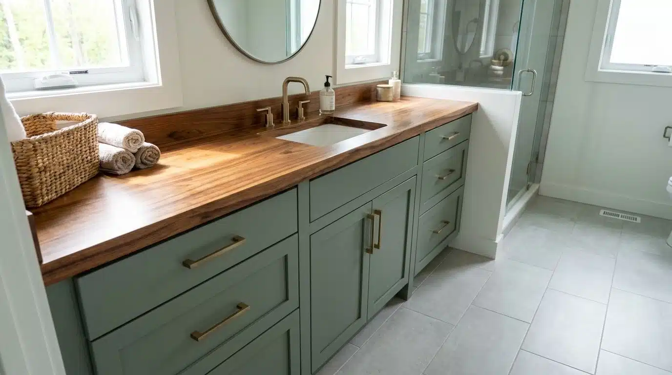 Full view of a bathroom vanity with a painted base and natural wood countertop