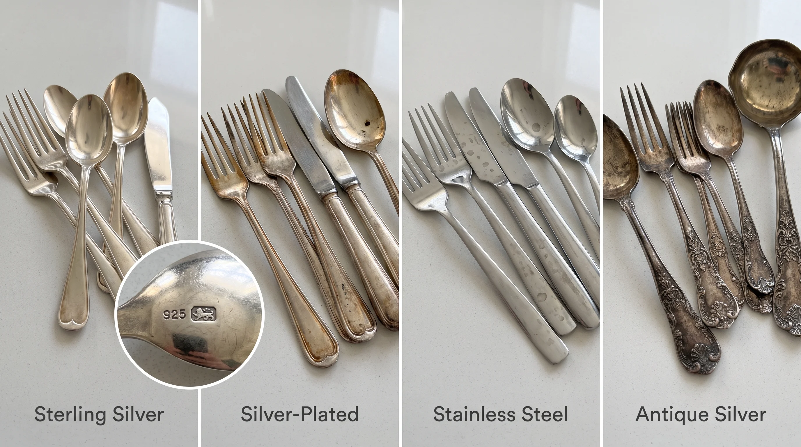 Types of silverware including sterling silver, silver-plated, stainless steel, and antique pieces before cleaning tarnish.