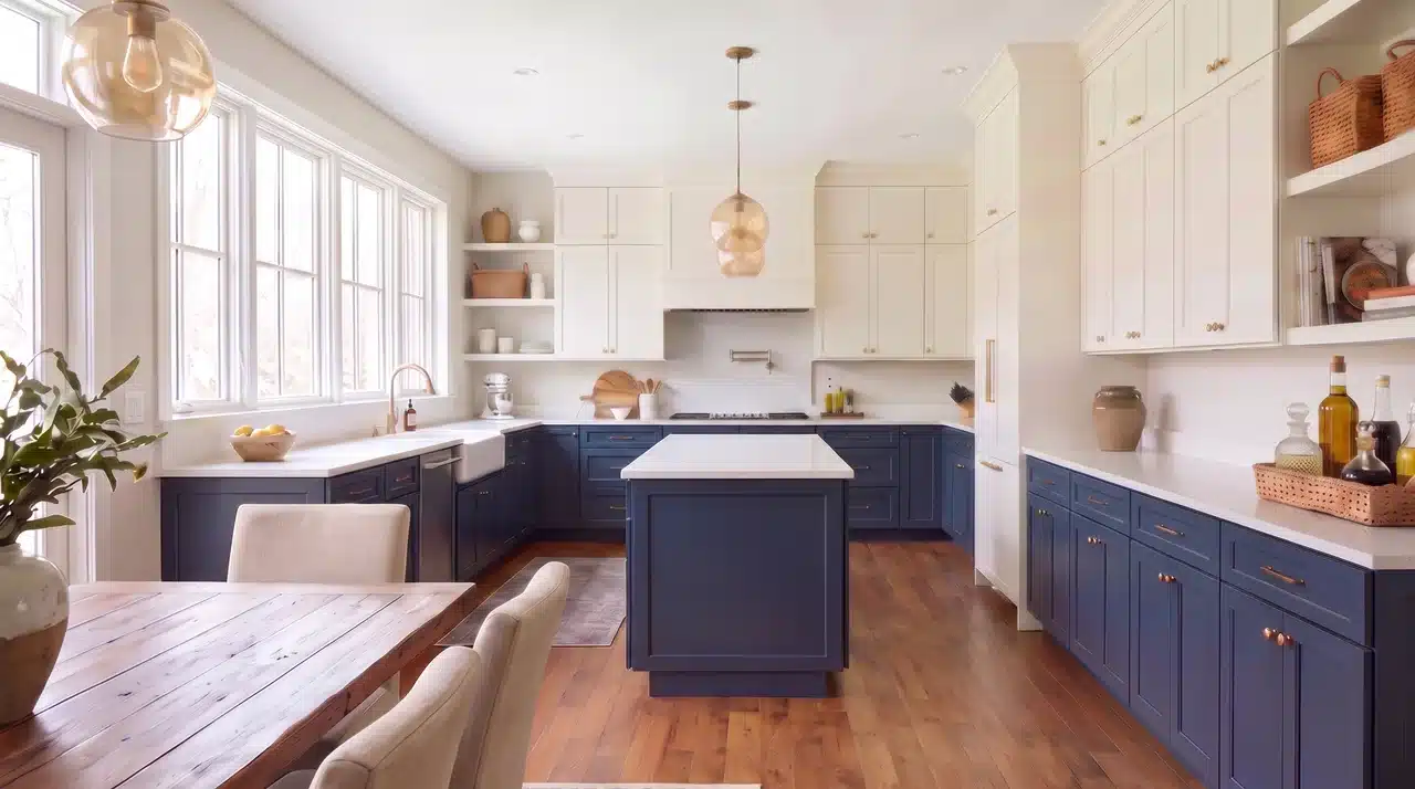 U-shaped open kitchen in navy blue and white flowing into dining area