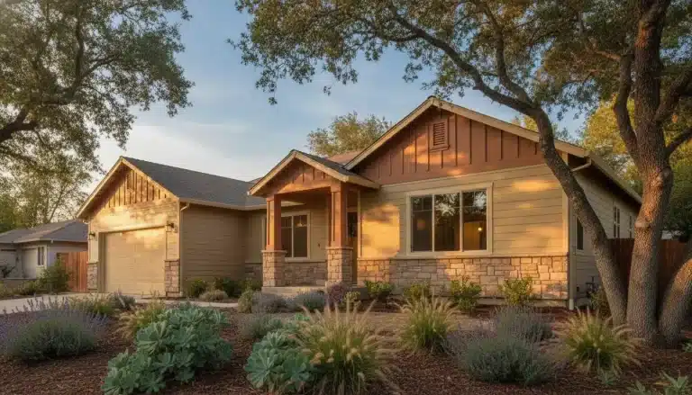 Single-story home with landscaped front yard and trees under soft evening light
