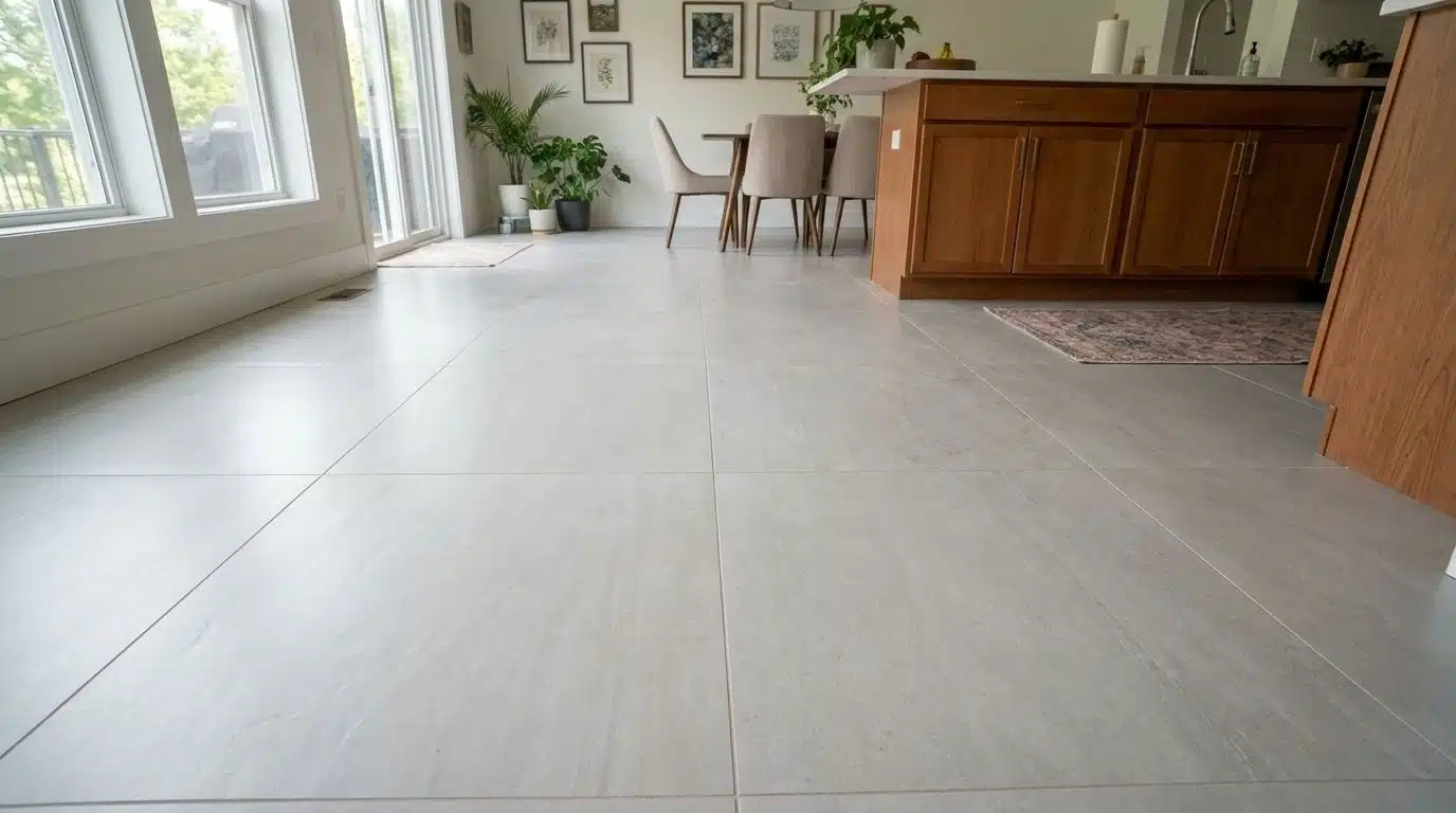 Smooth ceramic floor tiles with narrow unsanded grout lines in a home interior