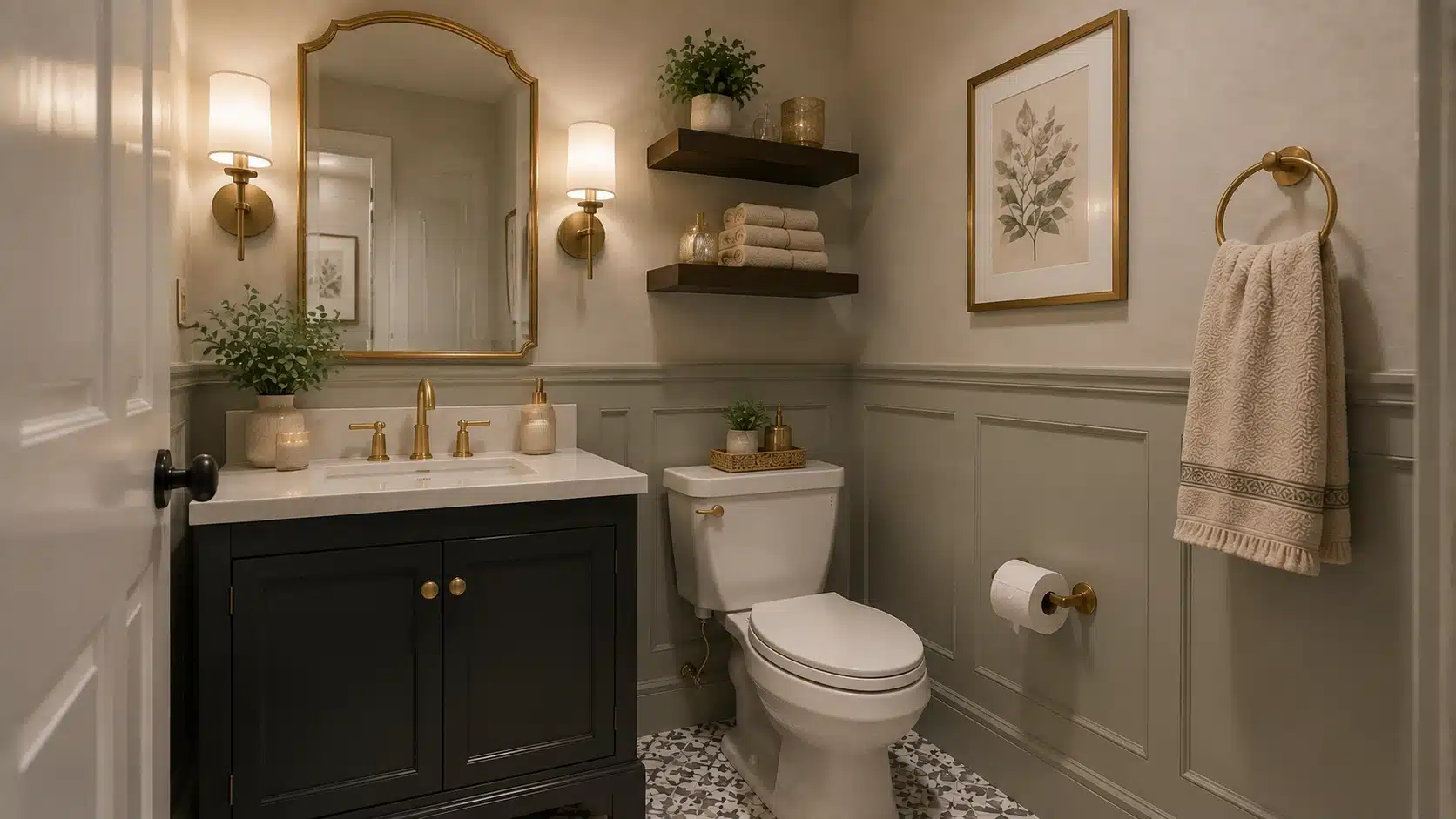Updated half bathroom with premium faucet, decorative mirror, upgraded hardware, and refined towel accents.