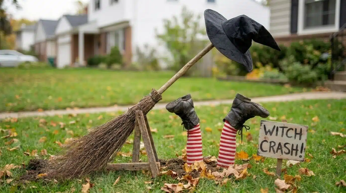 Witch broom crash landing on a front lawn
