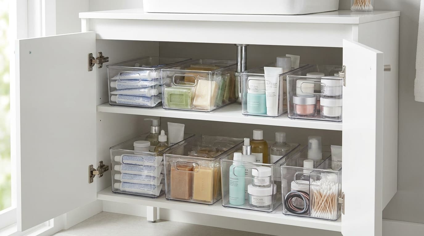 Clear storage containers keeping bathroom essentials visible and organized