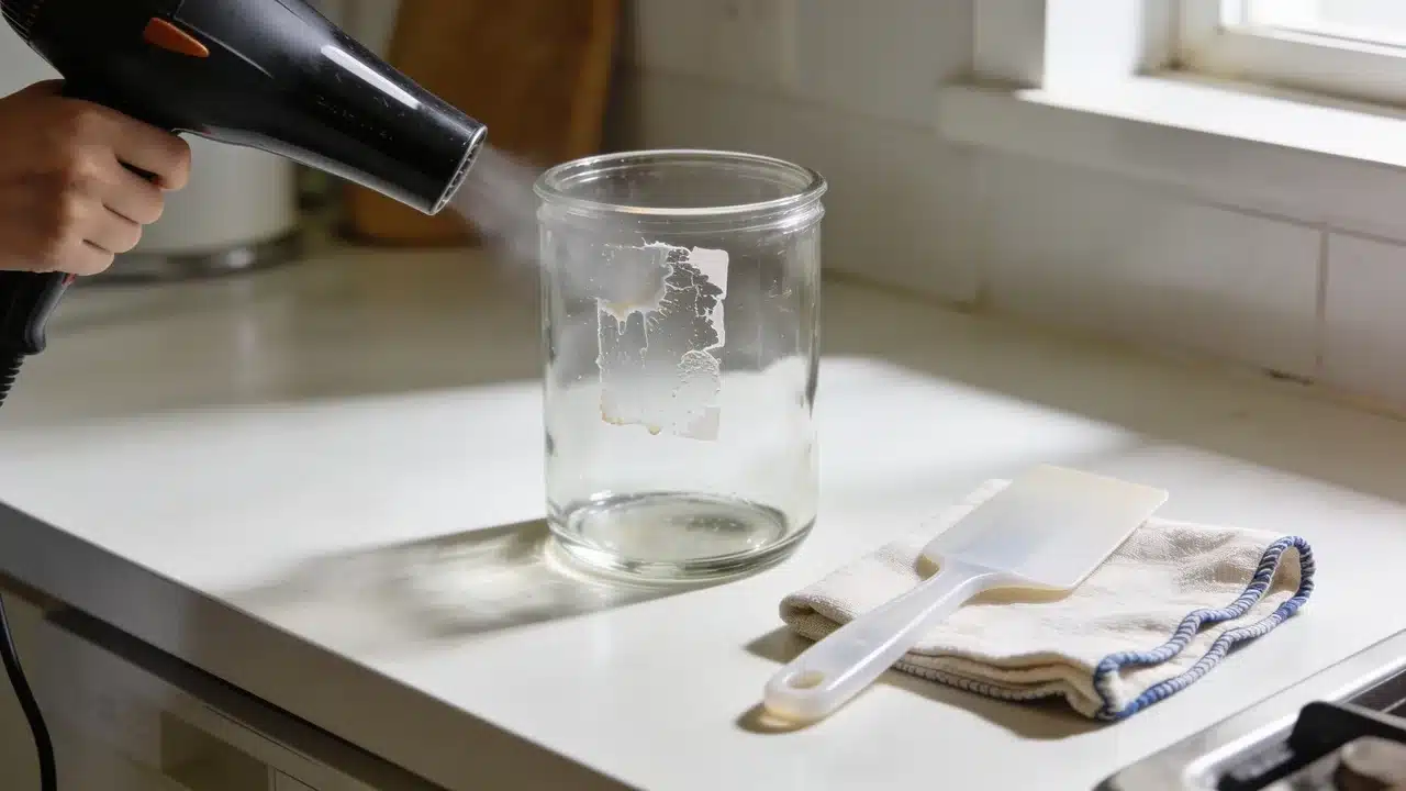 Hair dryer softening stubborn adhesive residue before removal from a glass surface