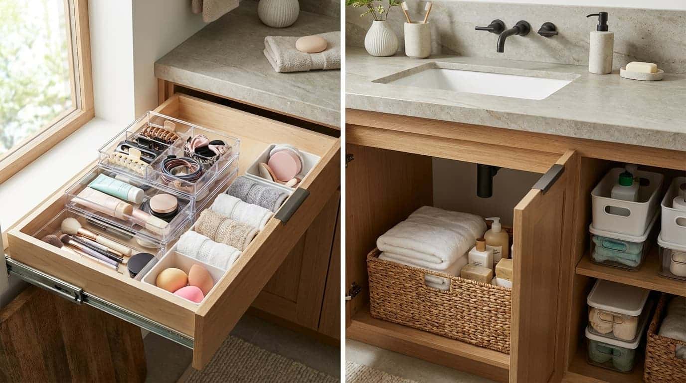 Bathroom drawer with dividers separating makeup, brushes, and small essentials.