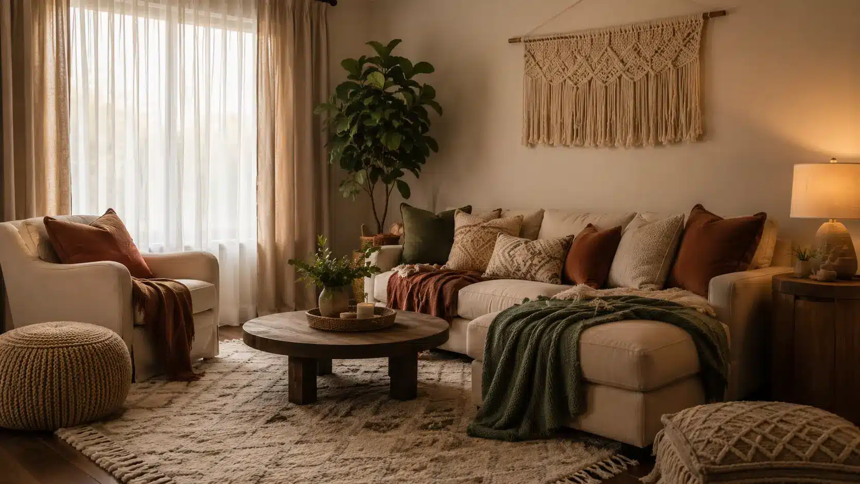 Cozy living room with soft curtains, cushioned seating, layered blankets, a wall hanging, and a thick textured rug.