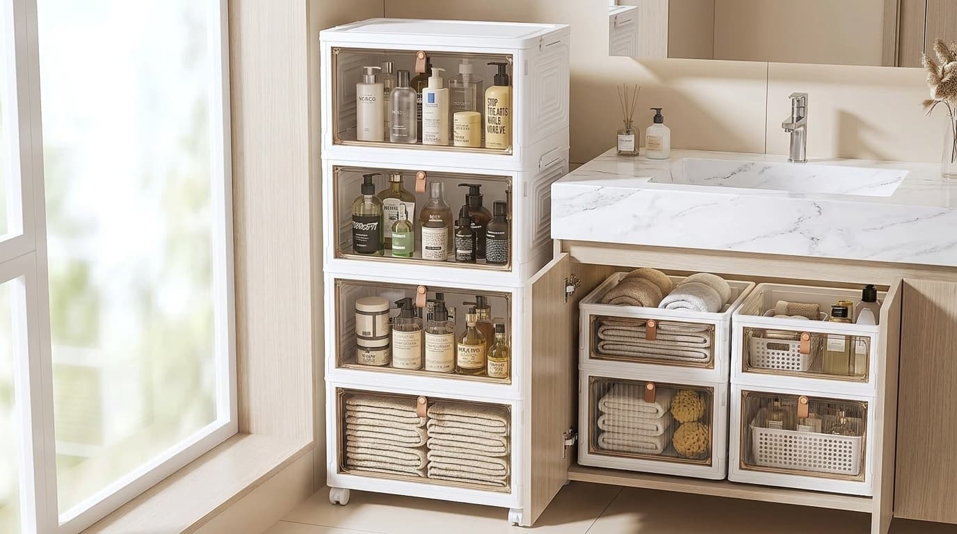 Stackable bins organizing toiletries and towels inside a bathroom cabinet.