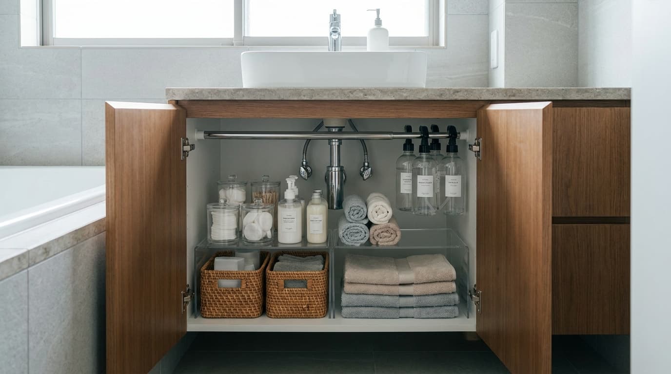 Bathroom cabinet using vertical storage with shelf risers and neatly arranged products.