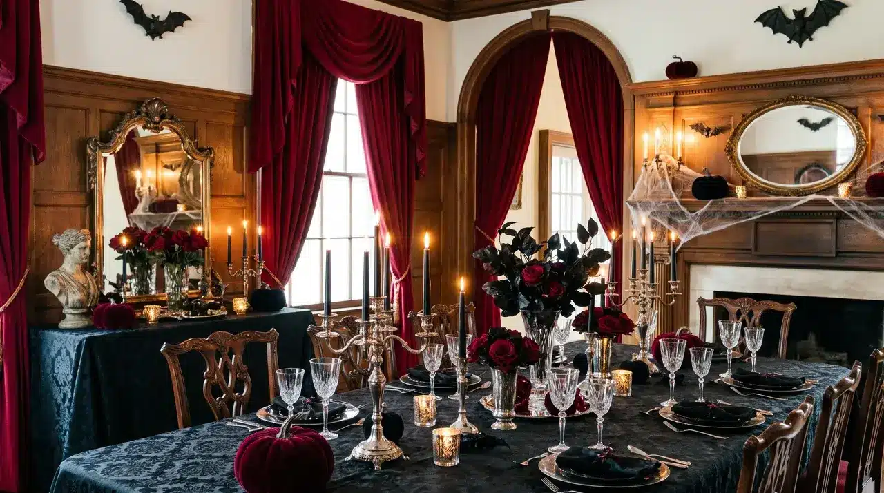 Vampire ball Halloween themes with velvet decor, candles, roses, and gothic dining setup.