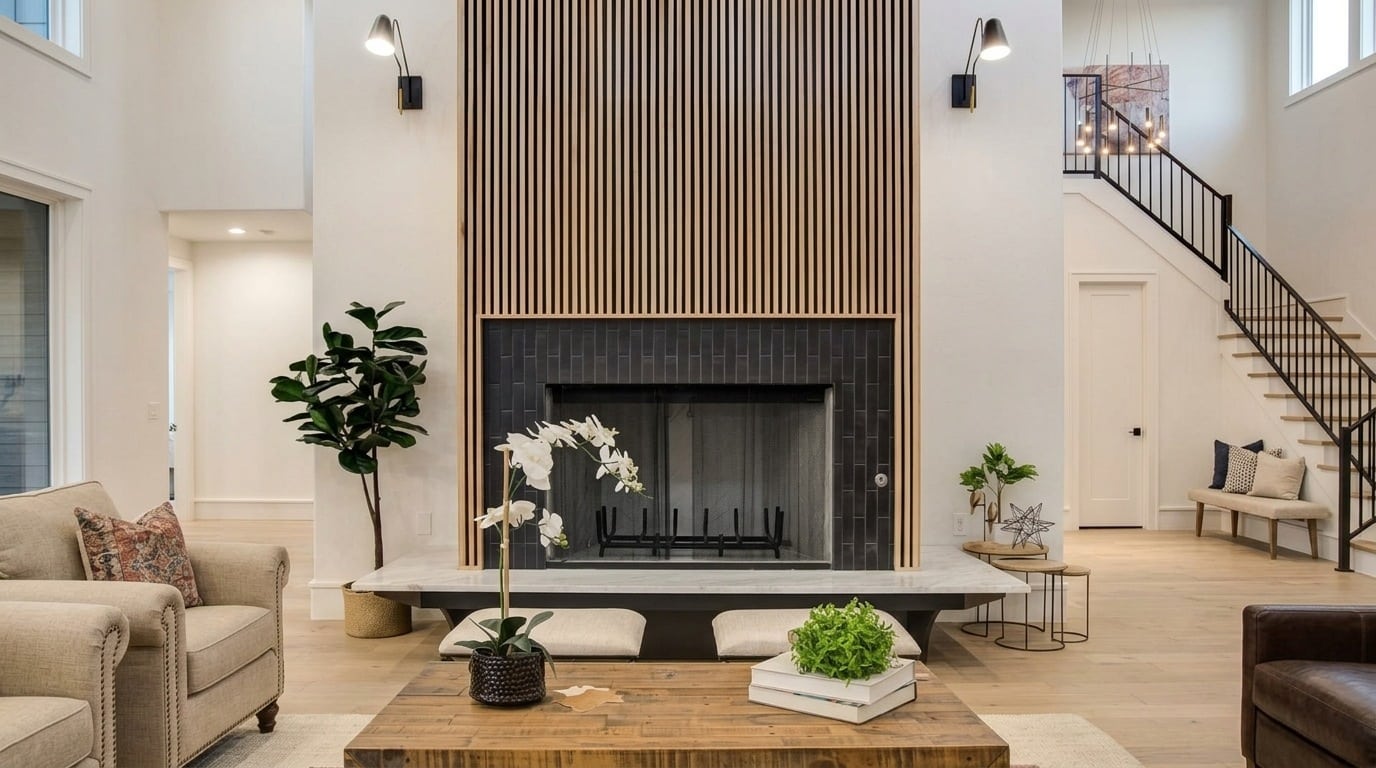 Vertical wood slat fireplace wall adding warmth and texture to a modern living room.