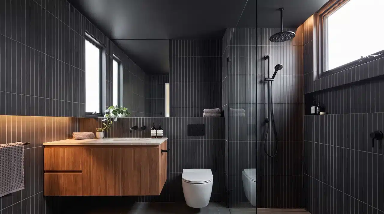 verticle tiles in dark bathroom