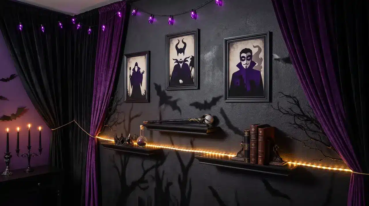 Dark dramatic Halloween party wall decor with villain-inspired props and posters for a villains only Halloween theme.