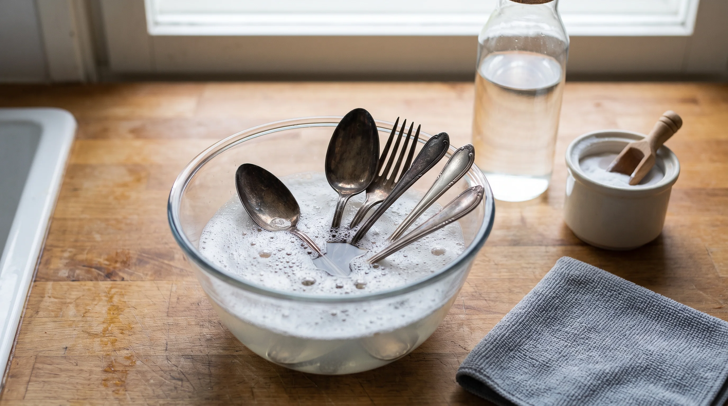 Silverware soaking in vinegar and baking soda solution to loosen tarnish buildup