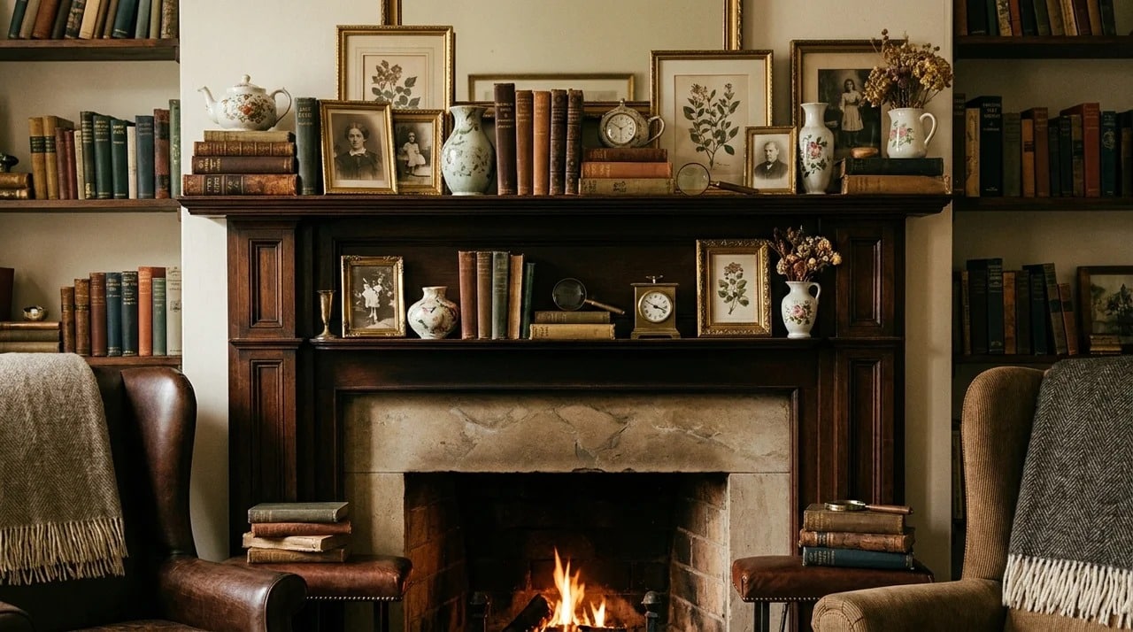 Rustic fireplace mantel decorated with vintage books and frames.