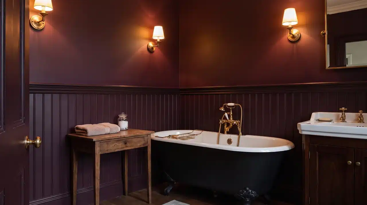 vintage dark bathroom style with ornate brass fixures or clawfoot tub with deep plum, burgundy tone paired