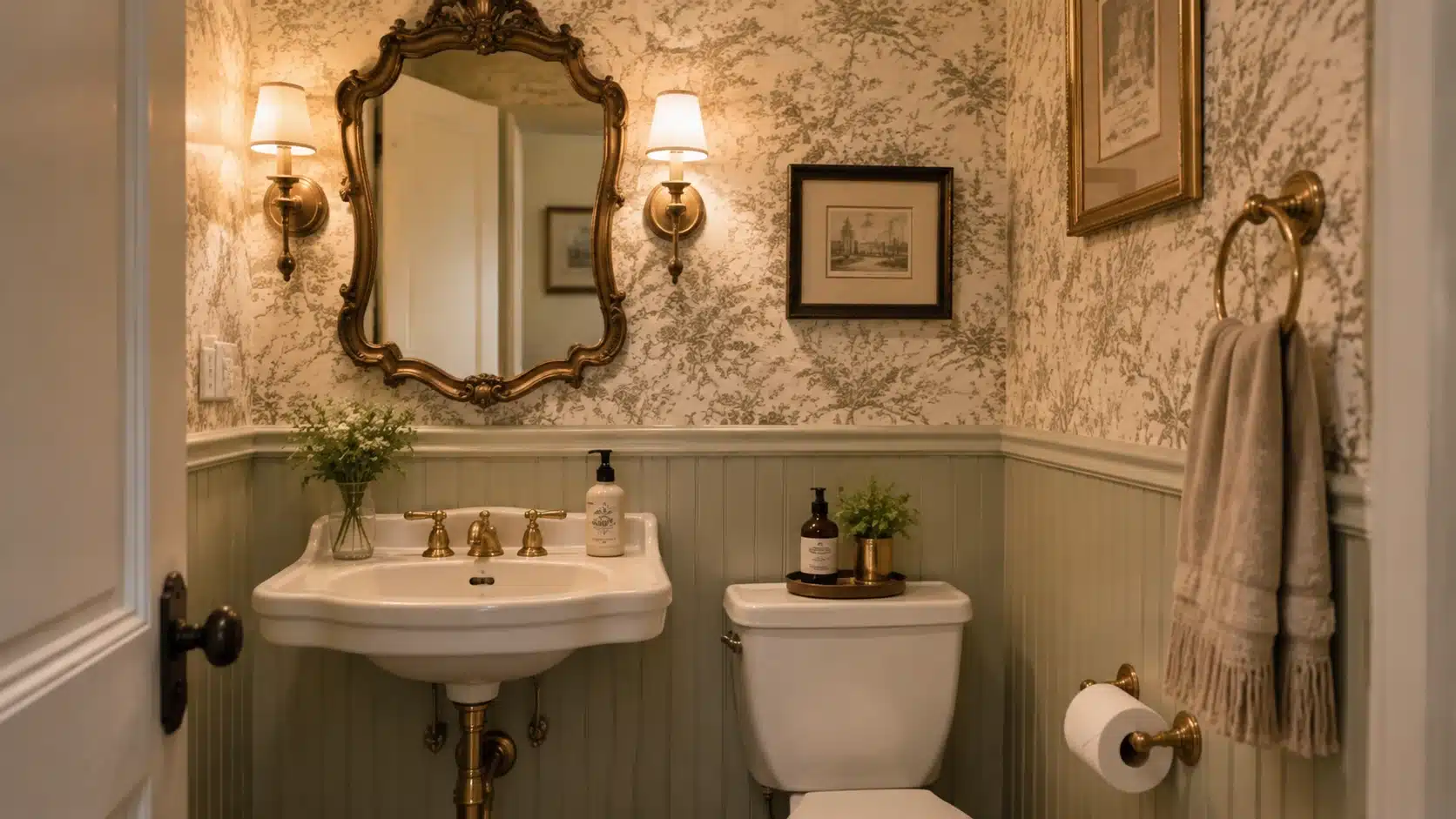 Vintage-inspired powder room with classic fixtures, antique-style mirror, brass details, and patterned wallpaper.