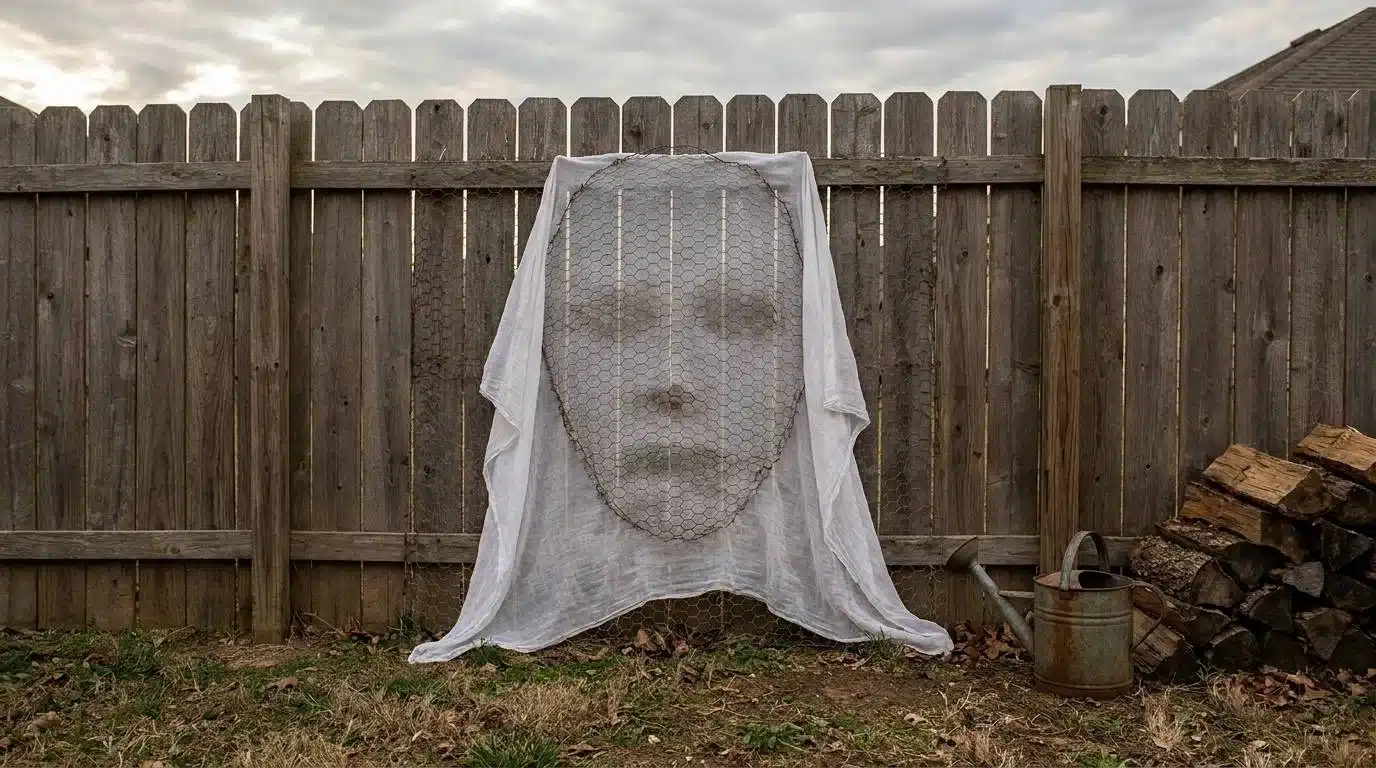 Chicken wire ghost face mounted on a backyard fence