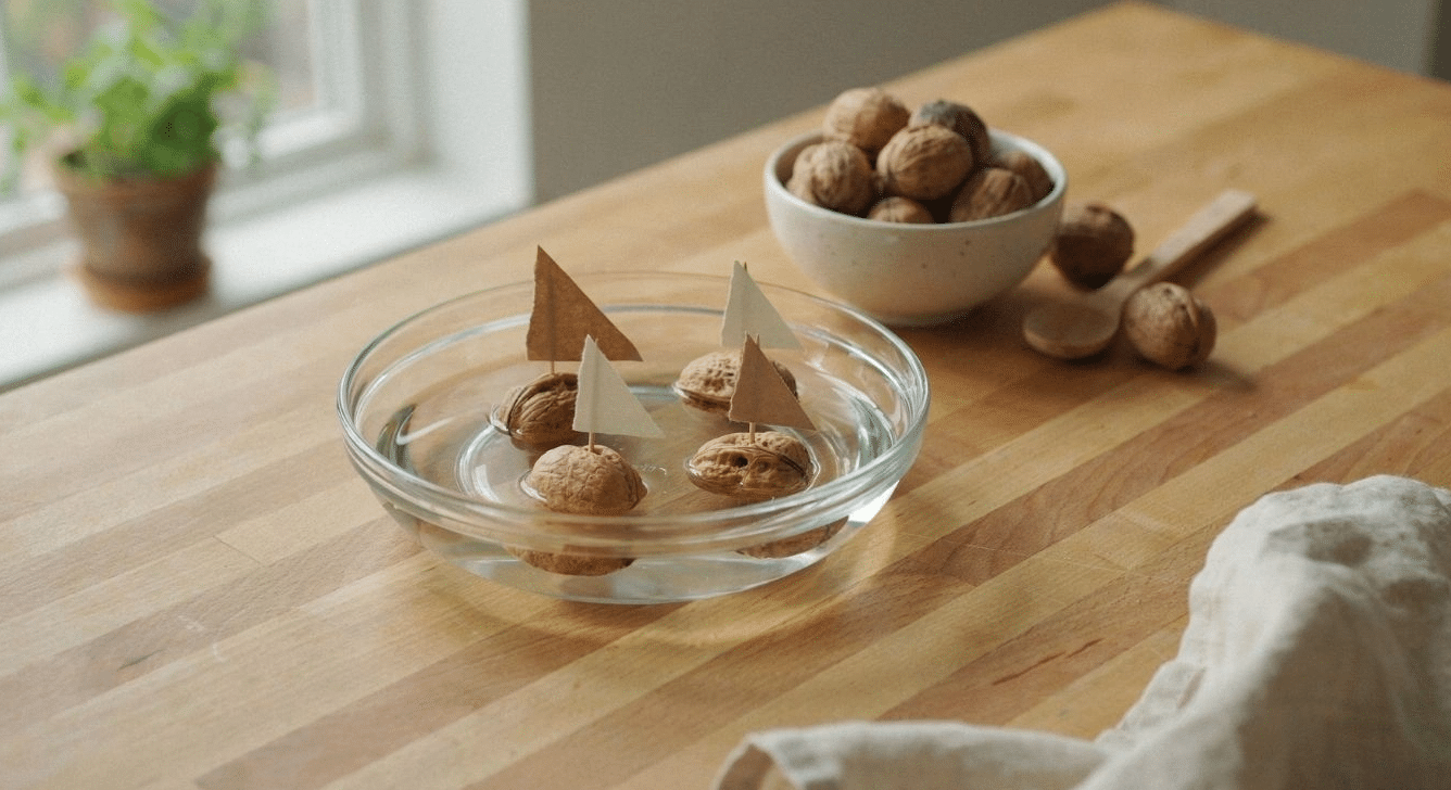 Walnut shell sailboats floating in a glass dish of water