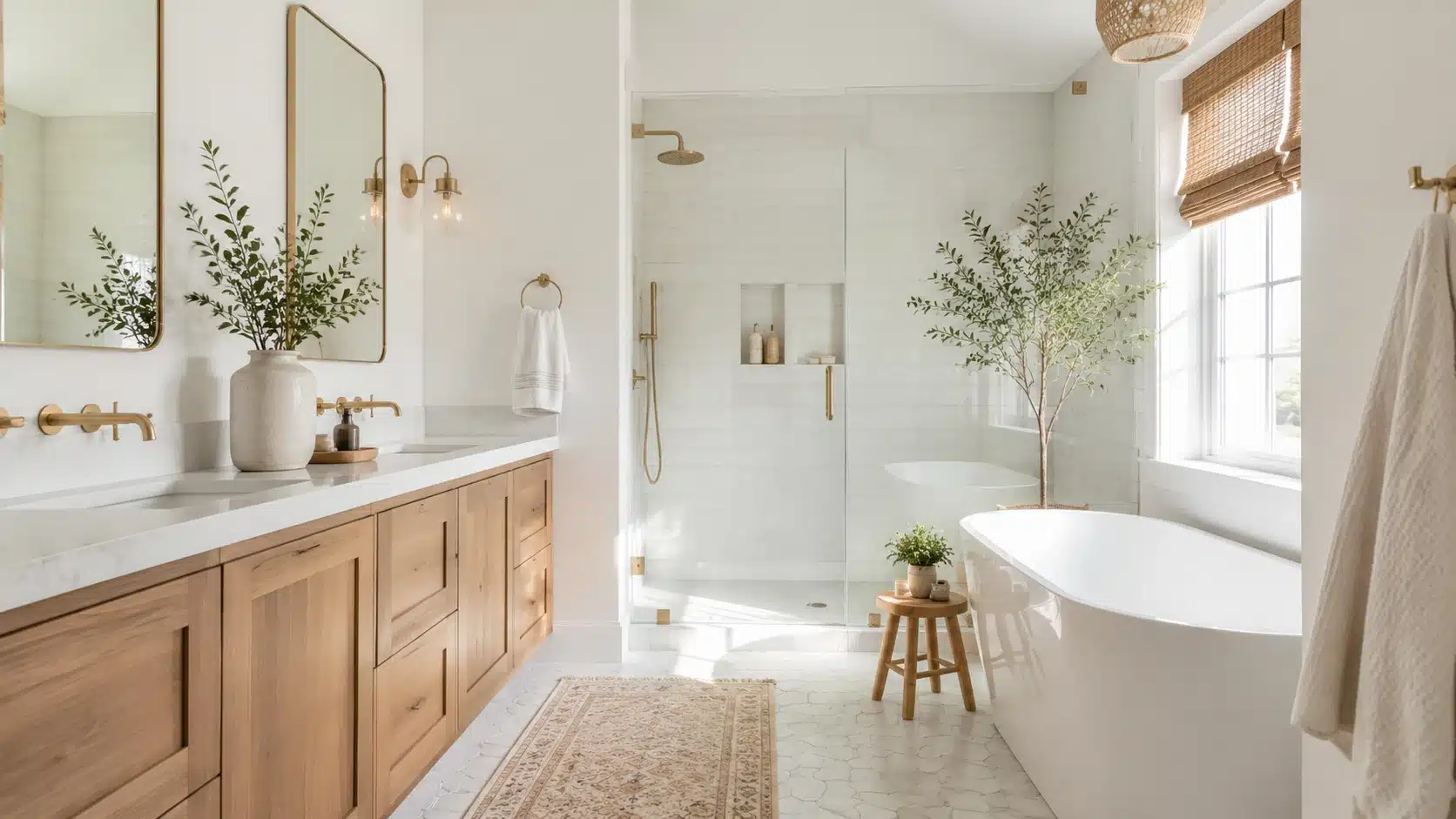Warm and cool white tones layered with wood vanity, marble surfaces, and textured details in a bright bathroom
