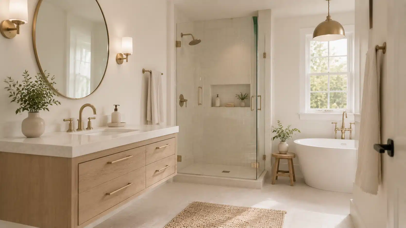 Warm white bathroom with brushed brass fixtures, gold accents, and natural light creating an elegant minimalist space.