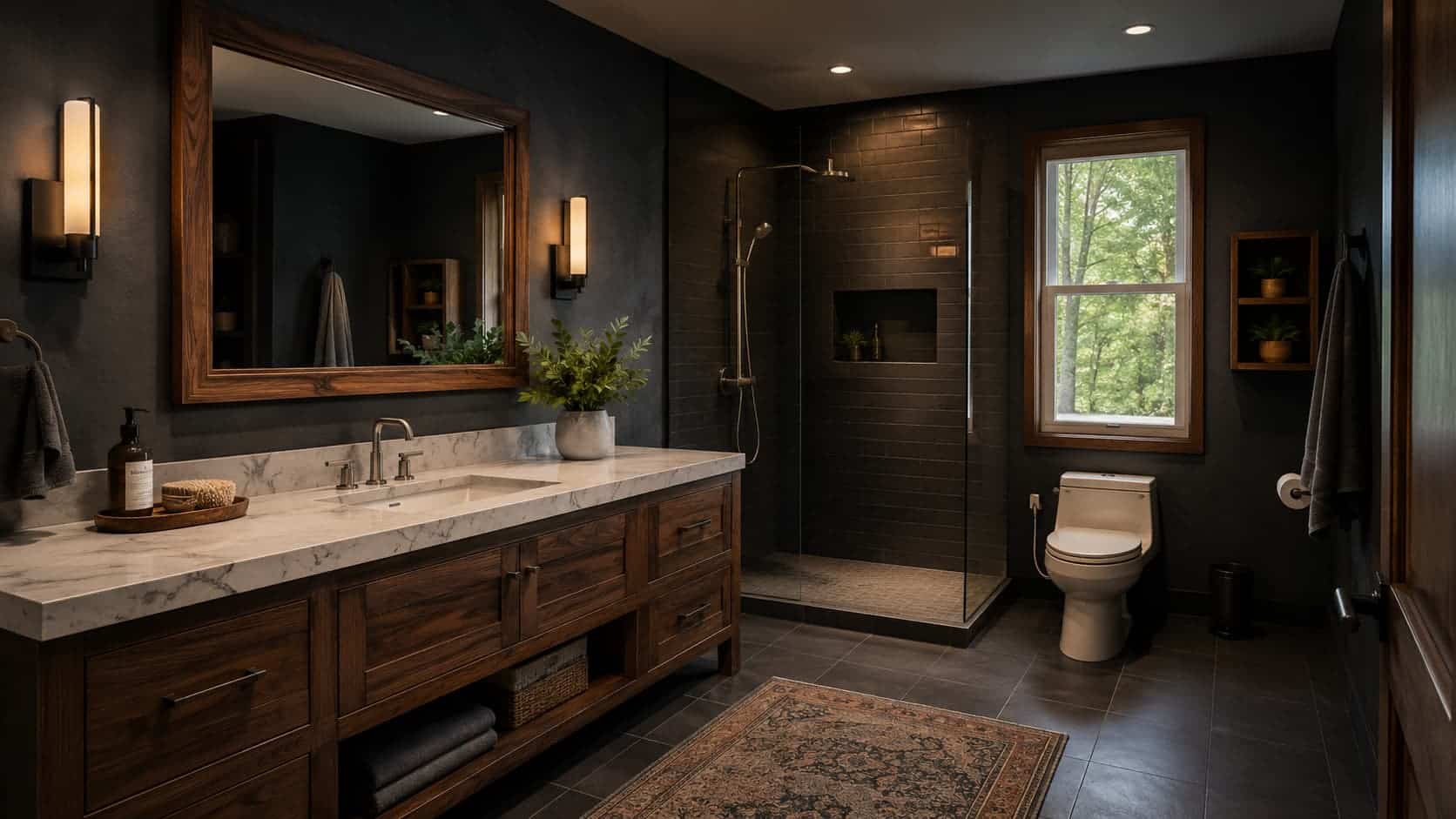 warm wood meets dark walls in dark bathroom