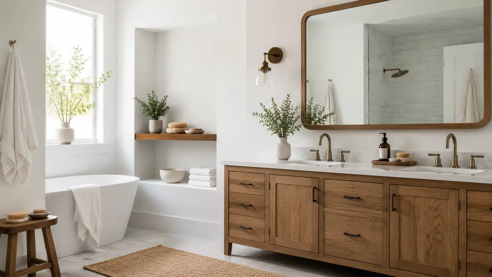 Warm wood vanity and shelf accents add contrast and texture to a bright white bathroom with a clean modern style.