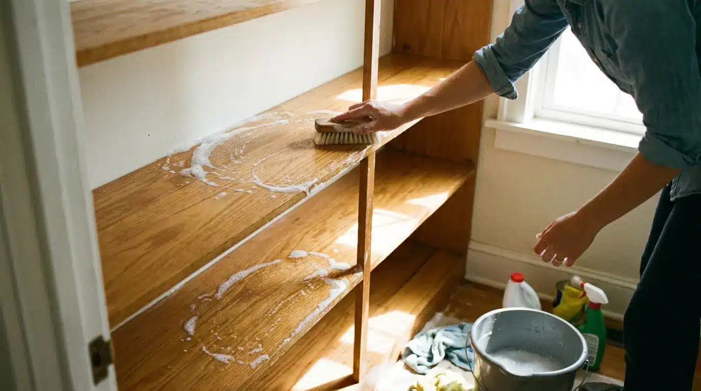 Person scrubbing empty wooden pantry shelves with soapy water and a cleaning brush