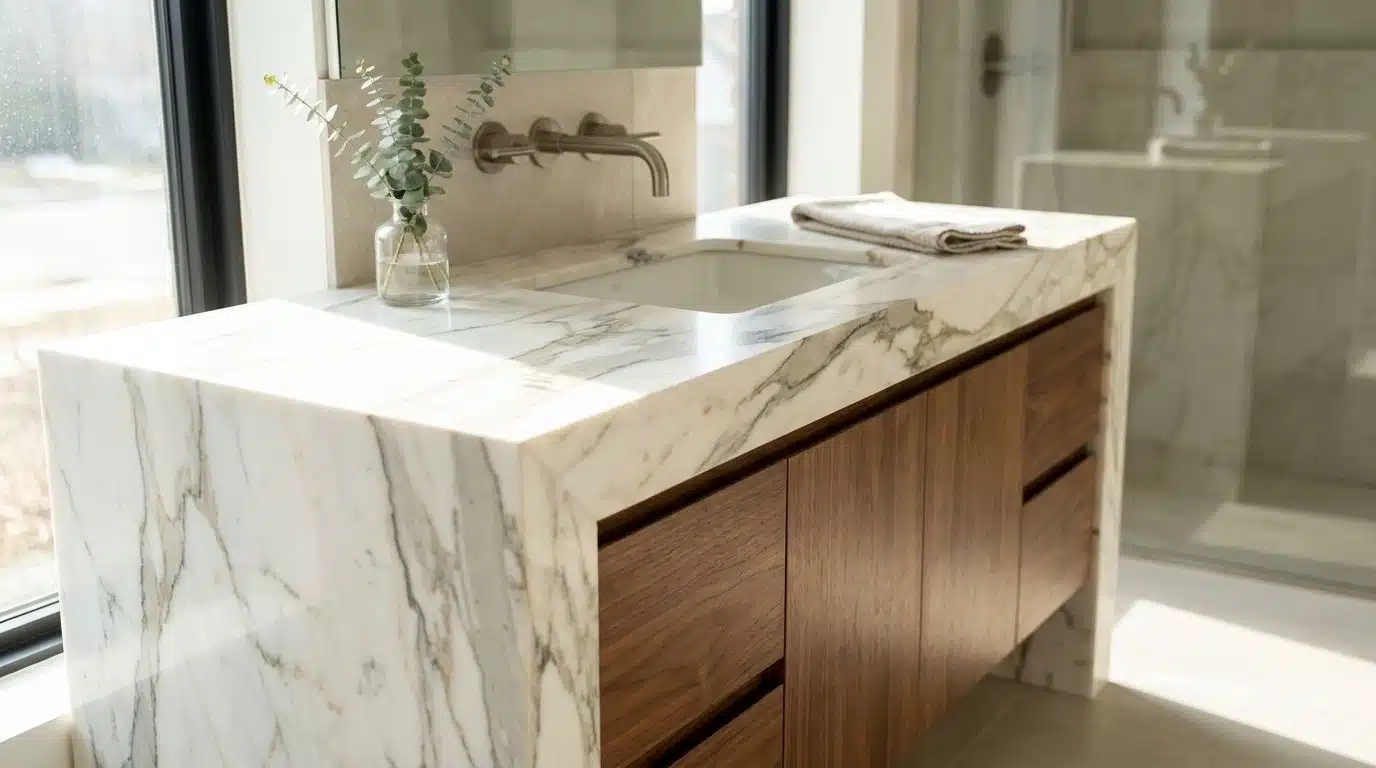 Full view of a bathroom vanity with a waterfall-edge stone countertop