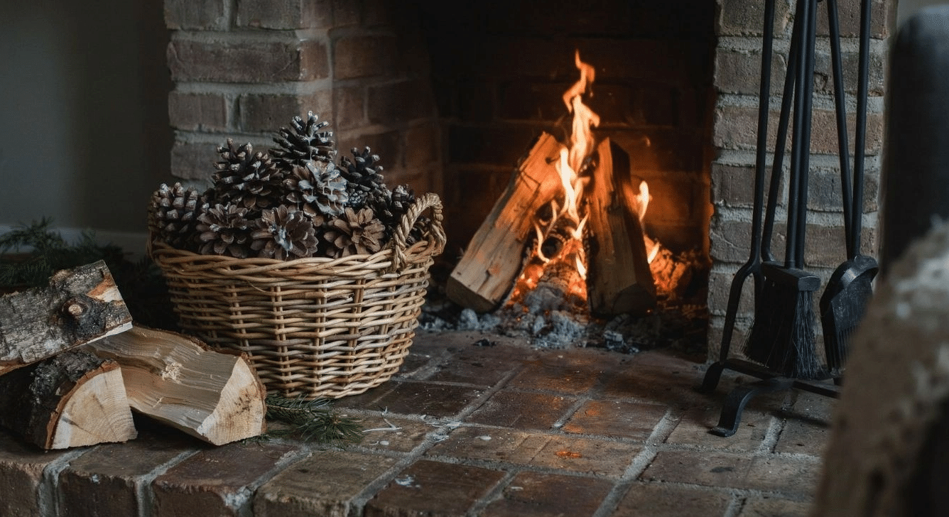 Wax-dipped pinecone fire starters in a basket by the fireplace