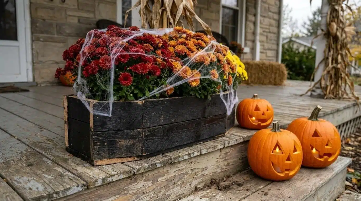 Wooden crate coffin planter with mums on porch steps