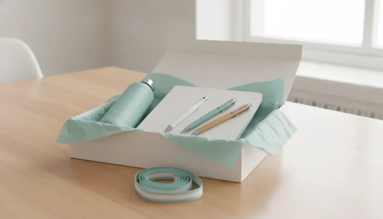 Gift box with teal travel mug, pens, and notebook on wooden desk