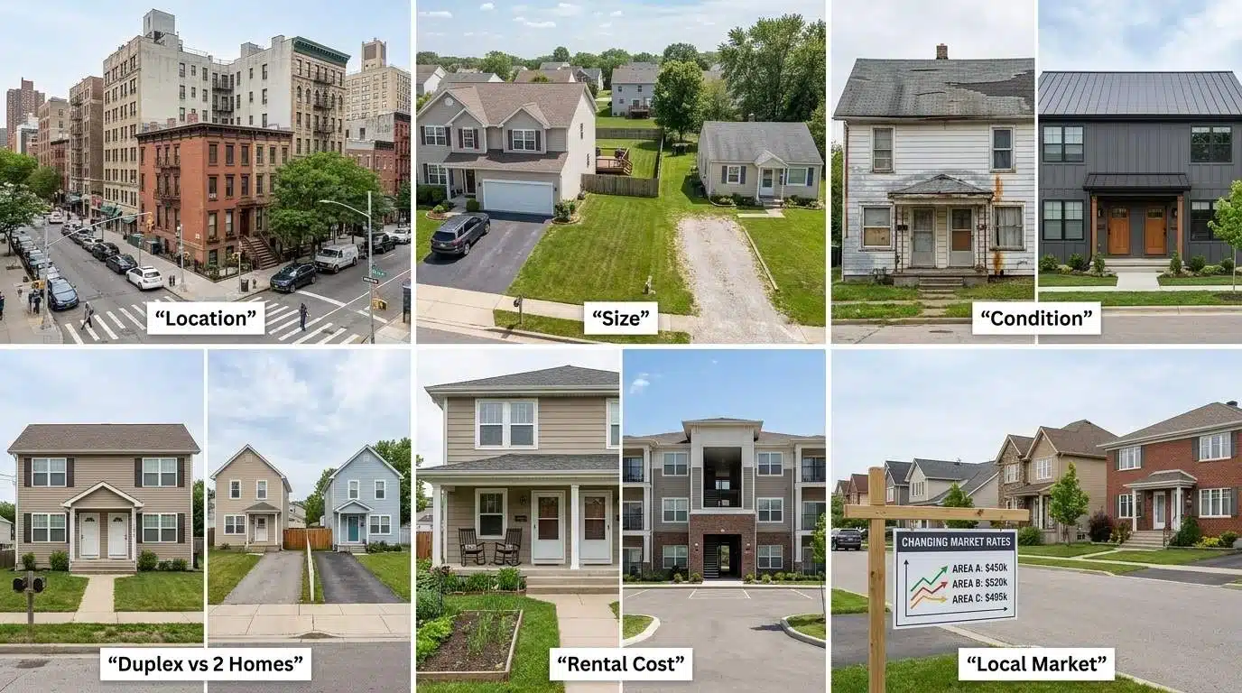 Six-panel duplex cost factors showing location, size, condition, rent, and market.